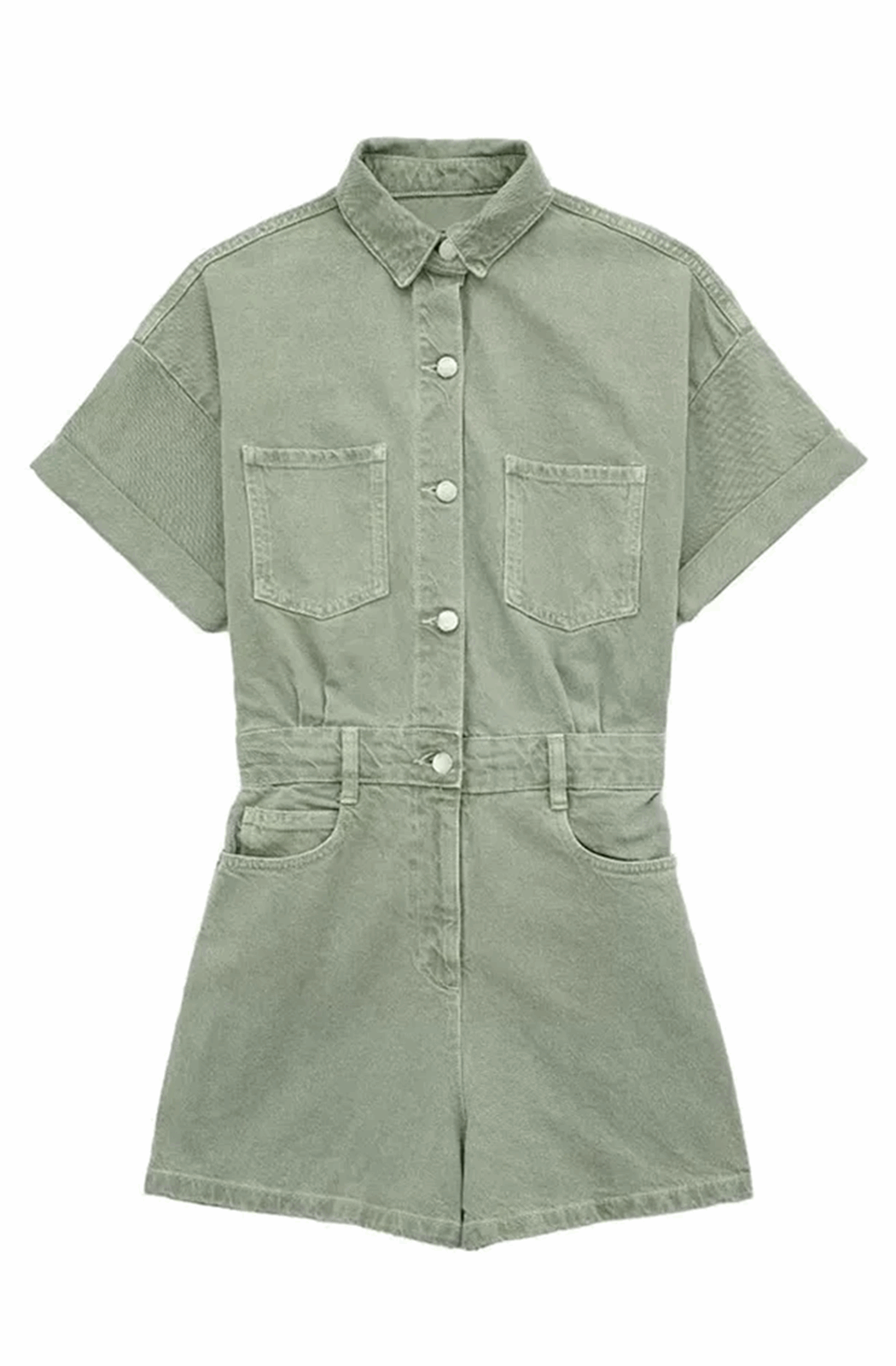 Short-sleeved button-down denim romper