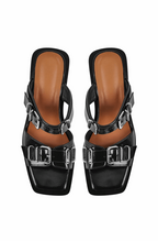 Square toe buckle chunky heeled sandals