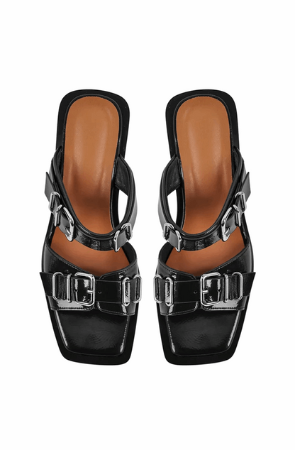 Square toe buckle chunky heeled sandals