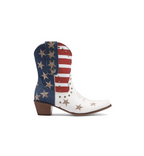 White cowboy boot with American flag design on a white background