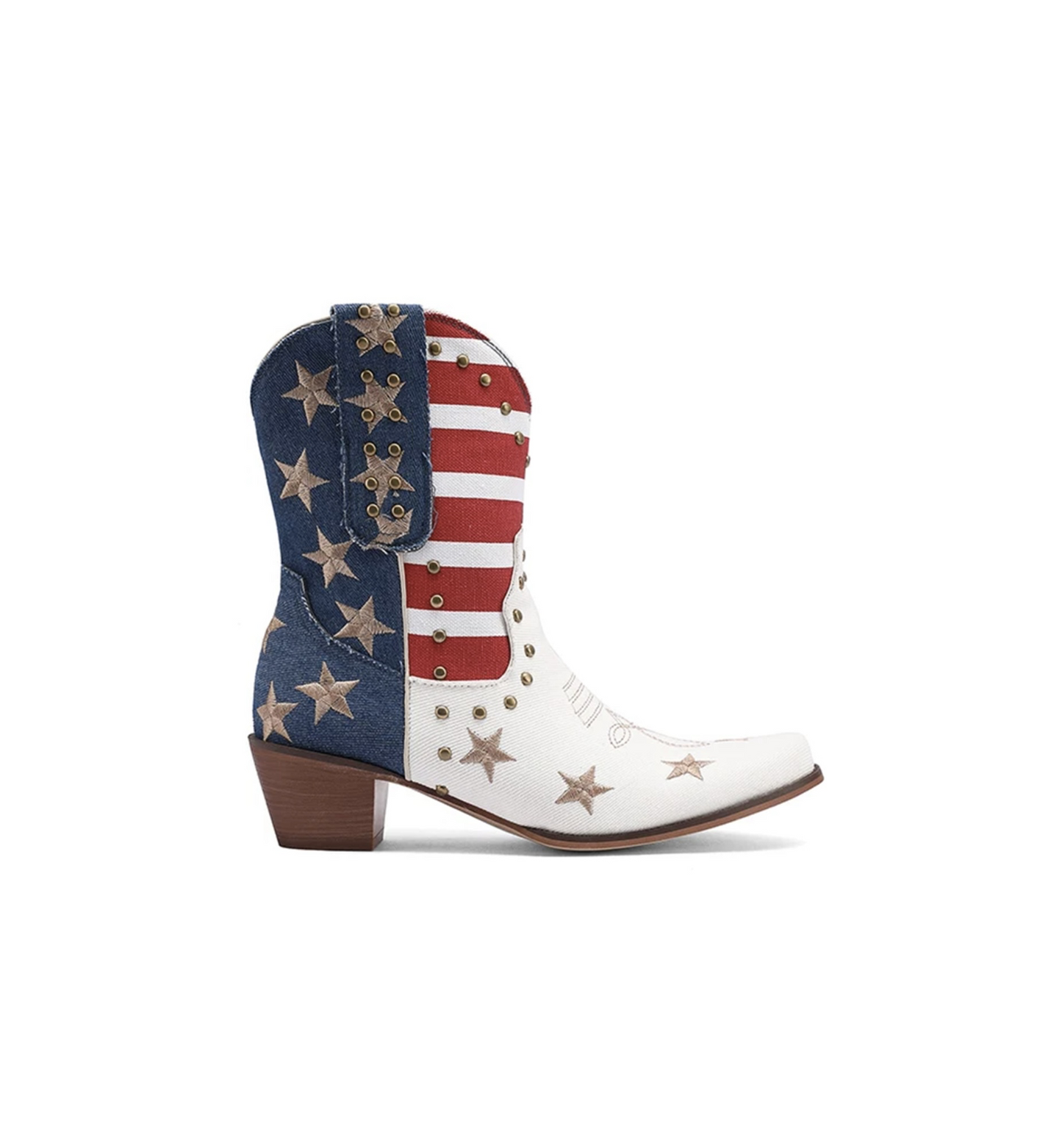 White cowboy boot with American flag design on a white background