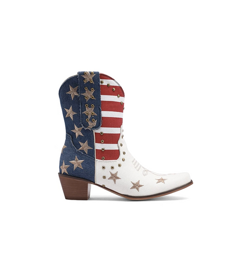 White cowboy boot with American flag design on a white background