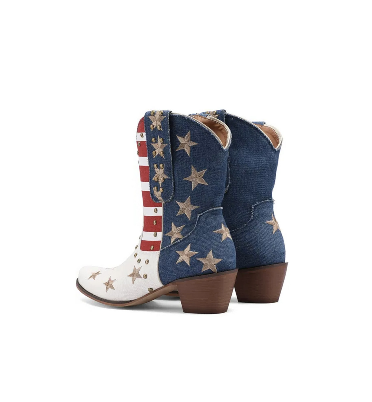 Cowboy boots with American flag design on a white background