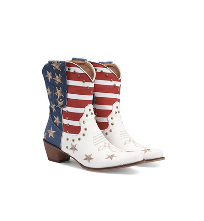 Cowboy boots with American flag design on a white background