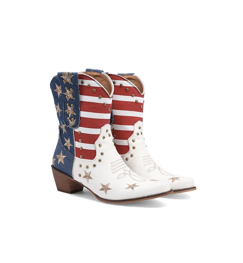 Cowboy boots with American flag design on a white background