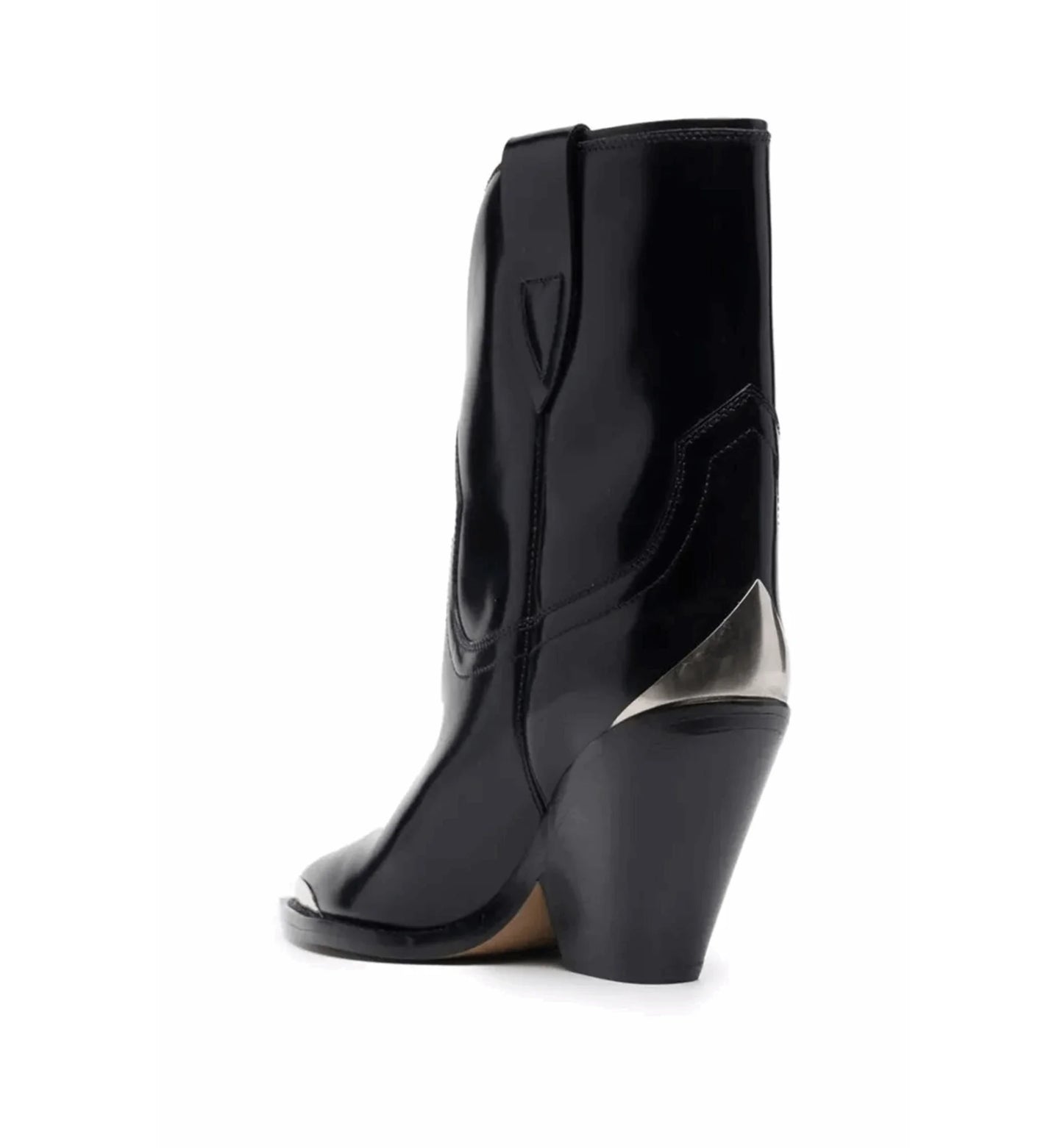 Black patent leather boot with a unique heel design on a white background