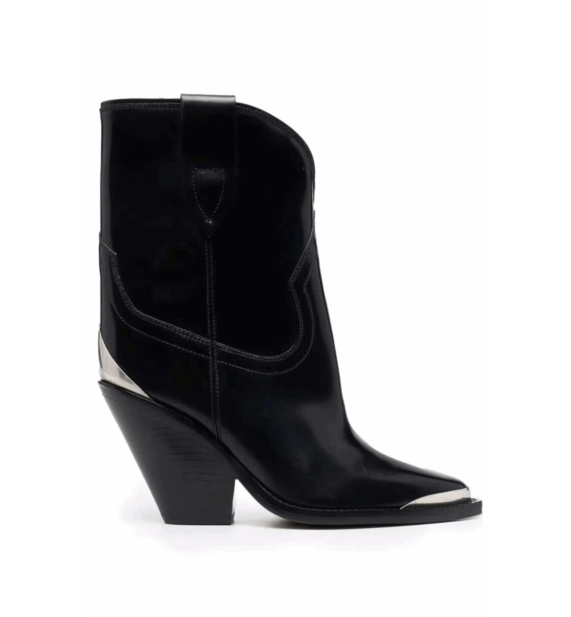 Black ankle boot with metallic accents on a white background