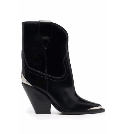 Black ankle boot with metallic accents on a white background
