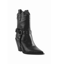 Black leather boot with studded details on a white background