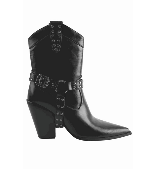 Black cowboy boot with buckles on a white background