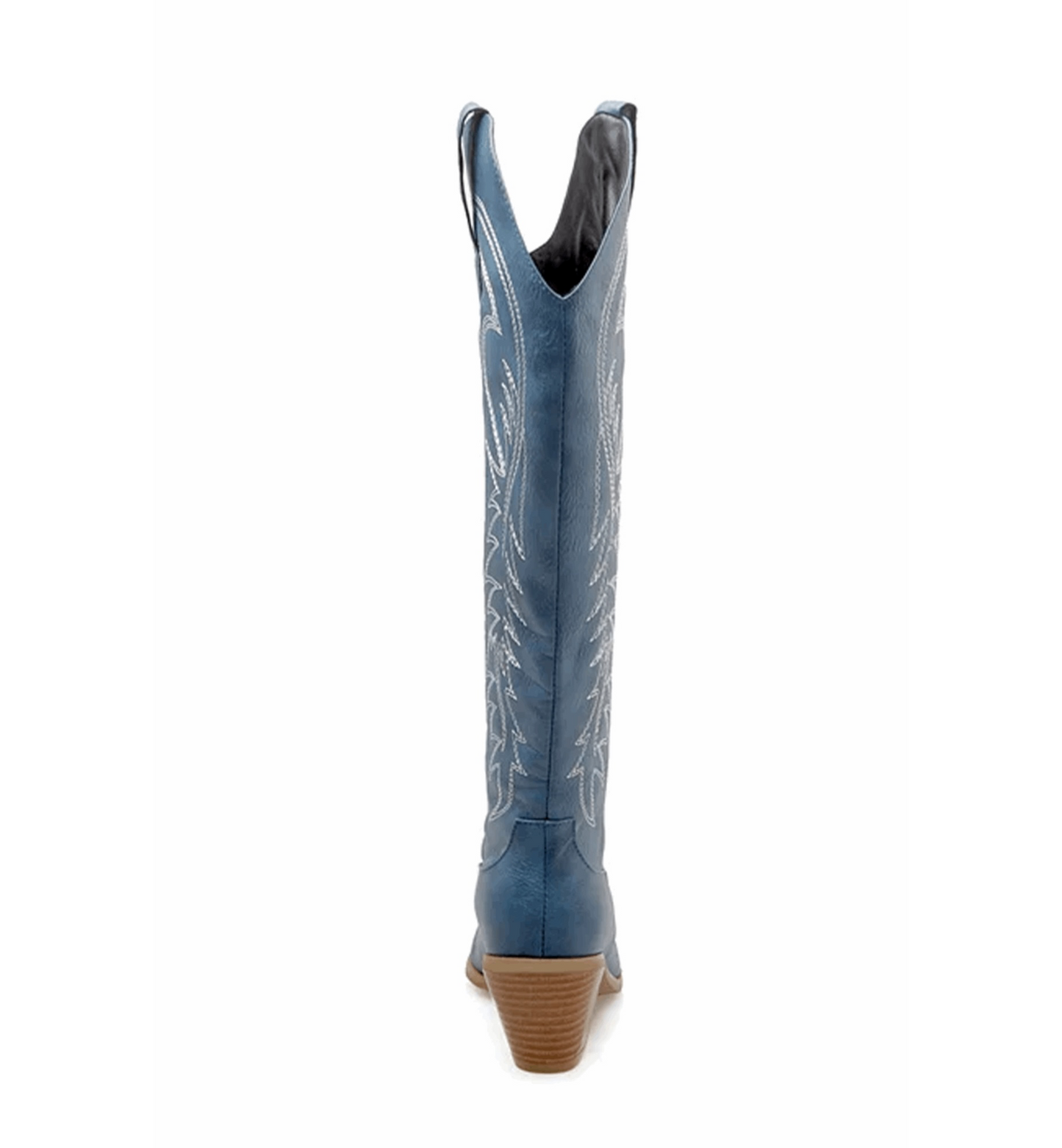 Blue cowboy boot with white embroidery on a white background