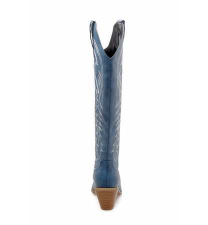 Blue cowboy boot with white embroidery on a white background