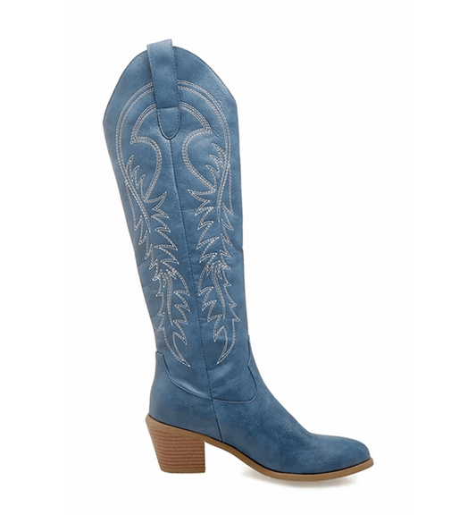 Blue cowboy boot with white embroidery on a white background