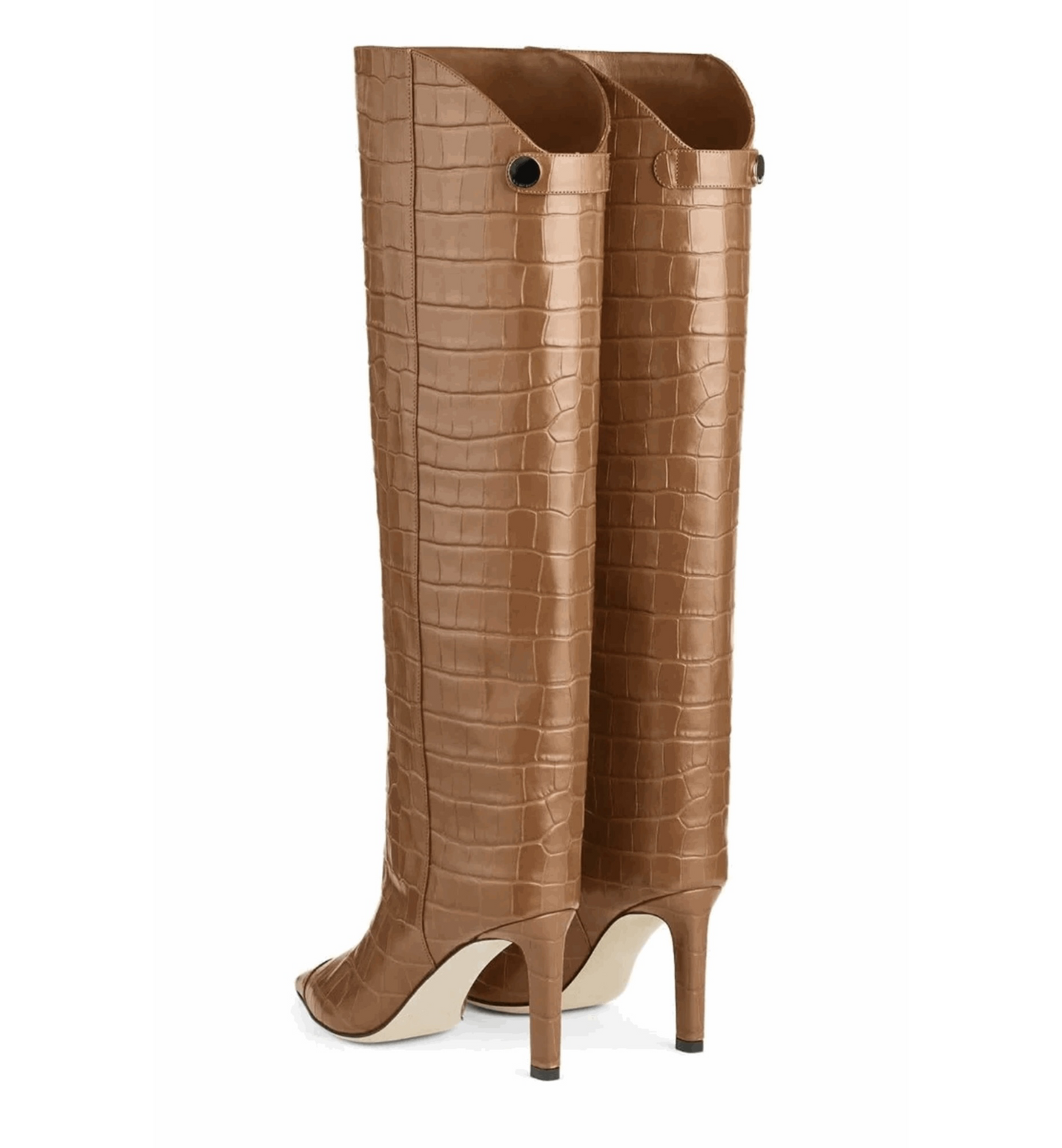 Brown knee-high boots with a crocodile texture on a white background
