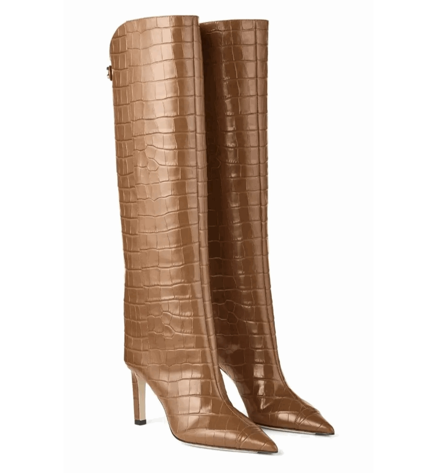 Pair of brown knee-high boots with a crocodile texture on a white background