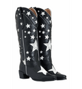 Black cowboy boots with white star patterns on a white background