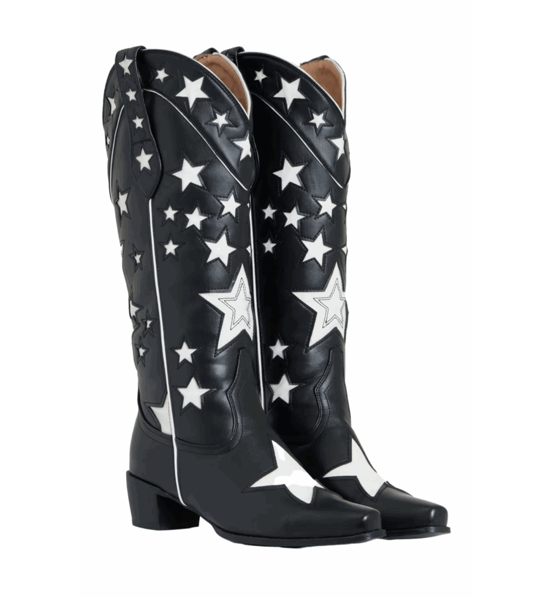 Black cowboy boots with white star patterns on a white background