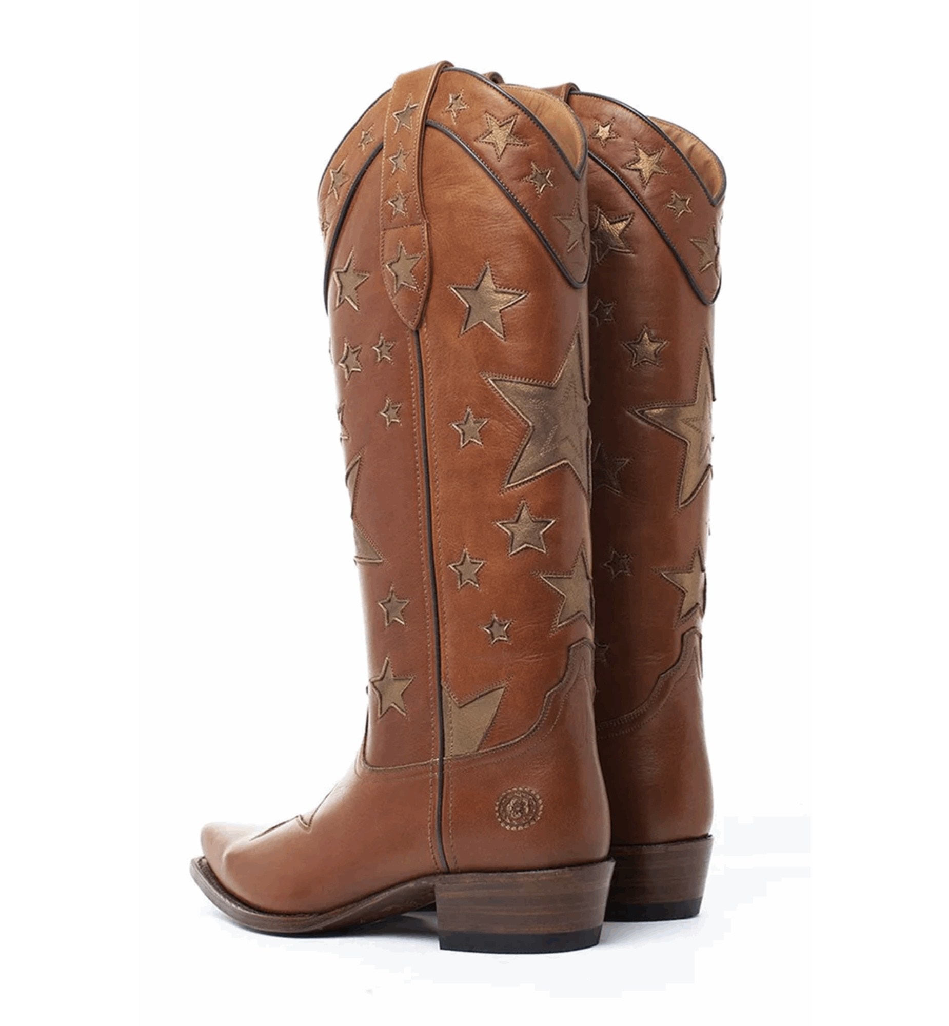 Brown cowboy boots with star patterns on a white background