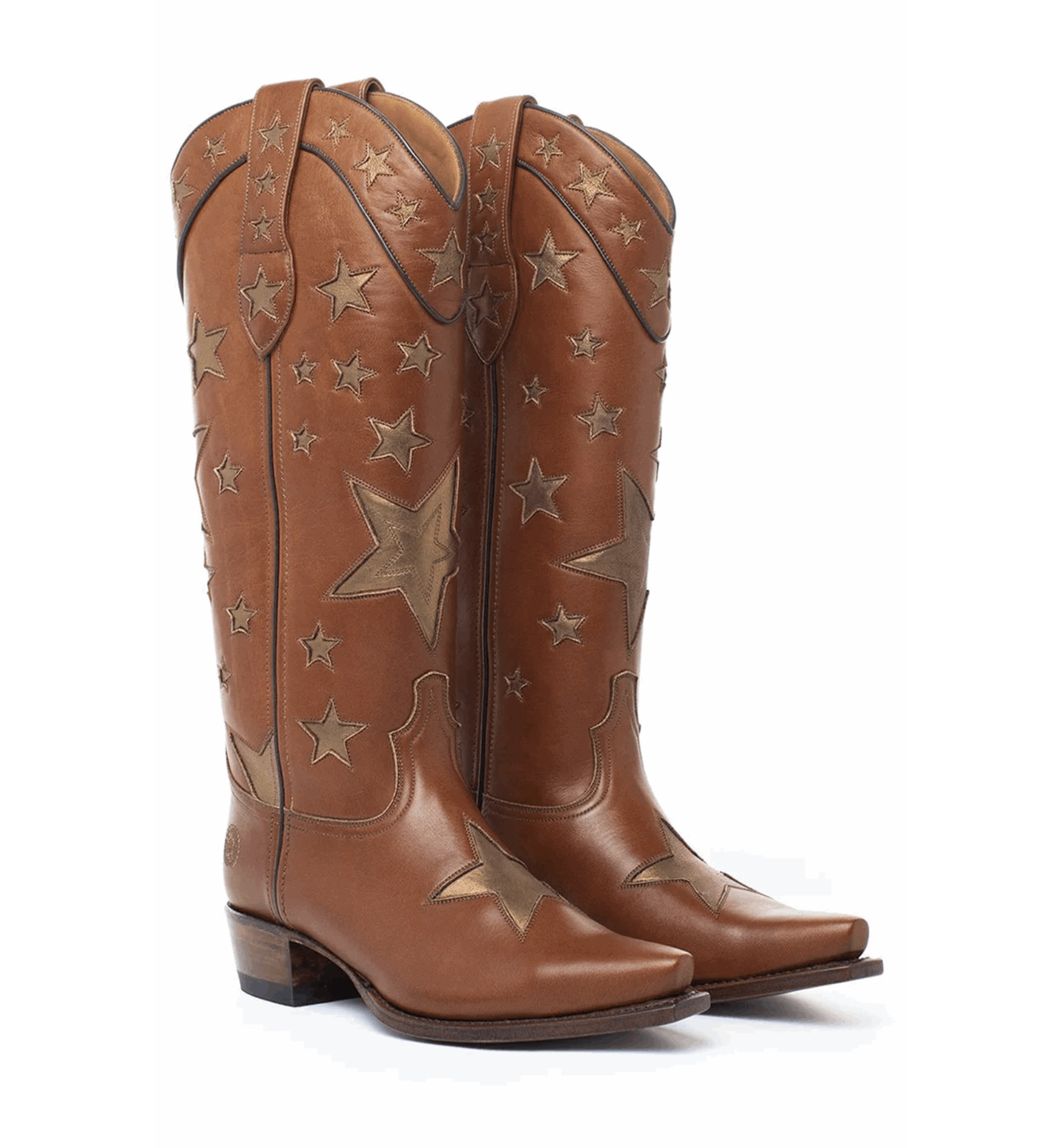 Pair of brown cowboy boots with star patterns on a white background