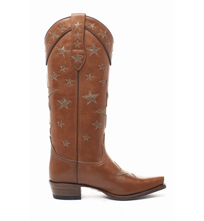 Brown cowboy boot with star patterns on a white background