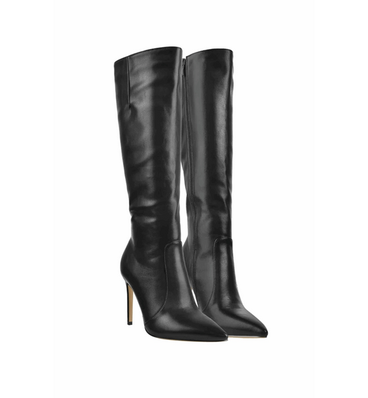 Black knee-high boots on a white background