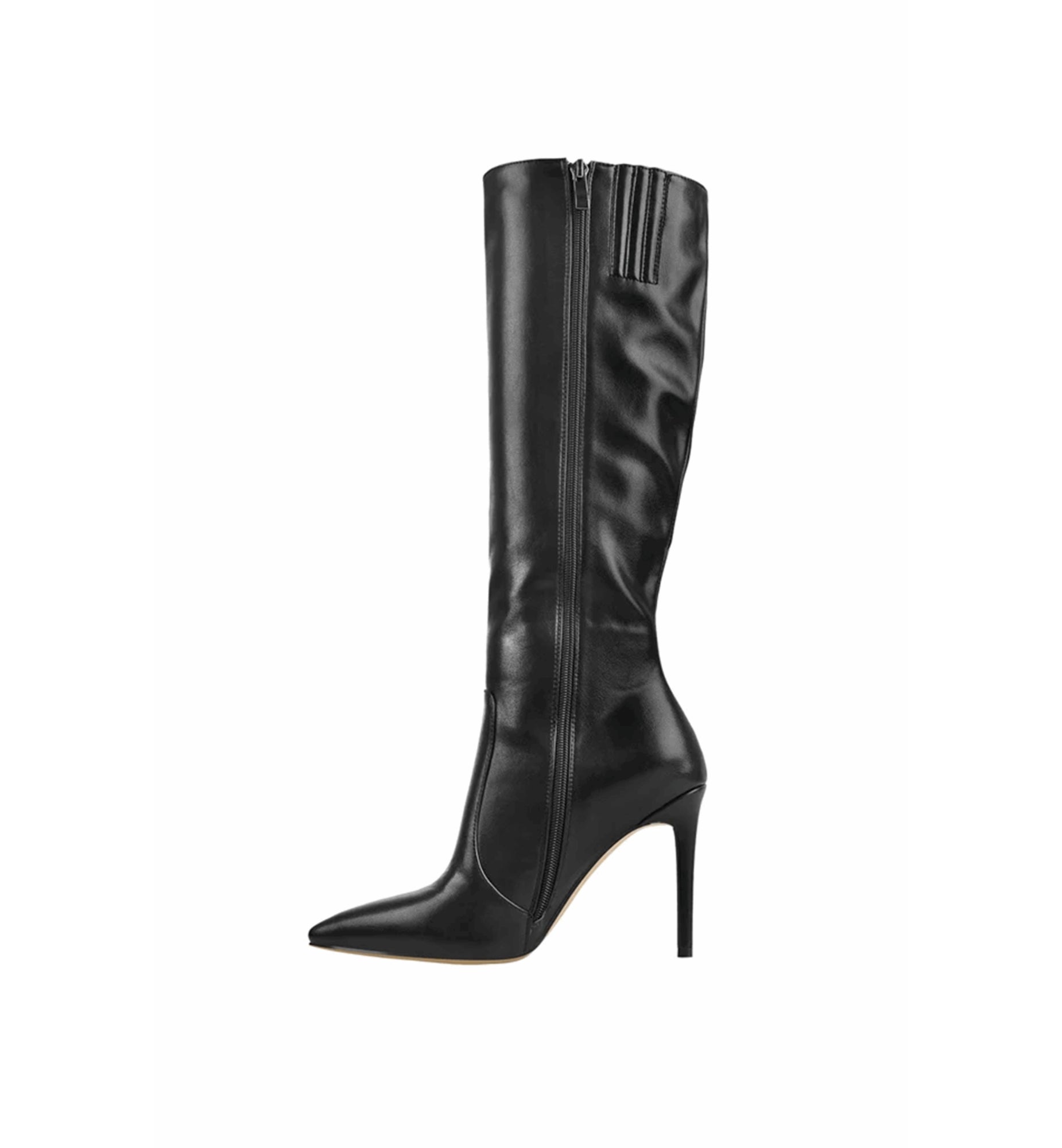 Black knee-high boot with a high heel on a white background