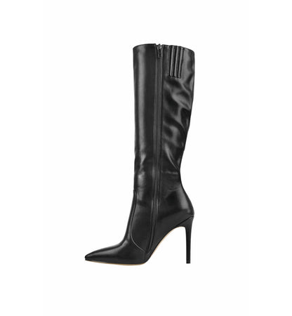 Black knee-high boot with a high heel on a white background