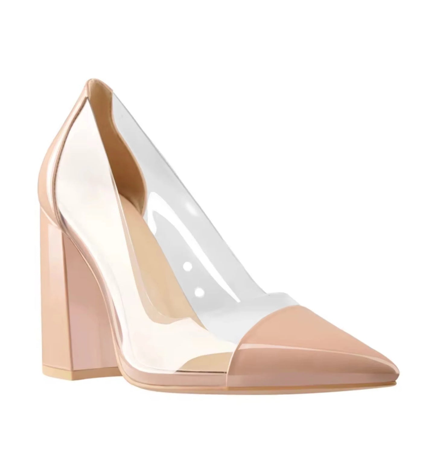 Clear high-heeled shoe with beige cap-toe on a white background