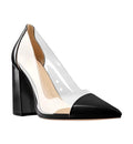 Black high-heeled shoe with clear perspex sole on a white background