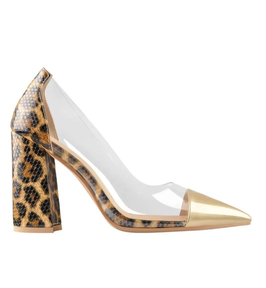 High-heeled shoe with leopard print heel and gold cap toe on a white background