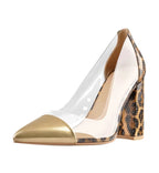 High-heeled shoe with clear transparent sole and leopard print heel on a white background