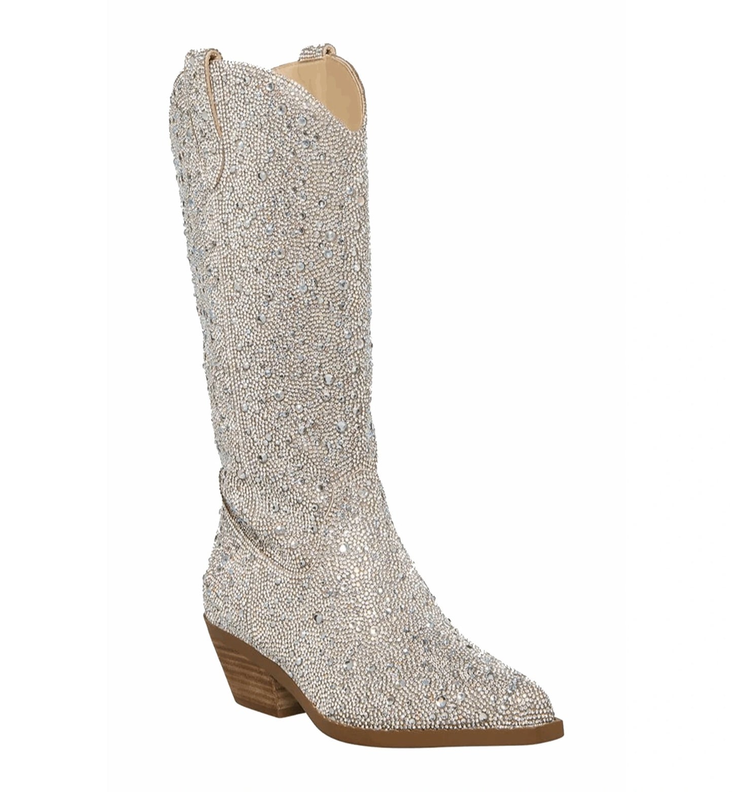 Silver beaded knee-high boot on a white background