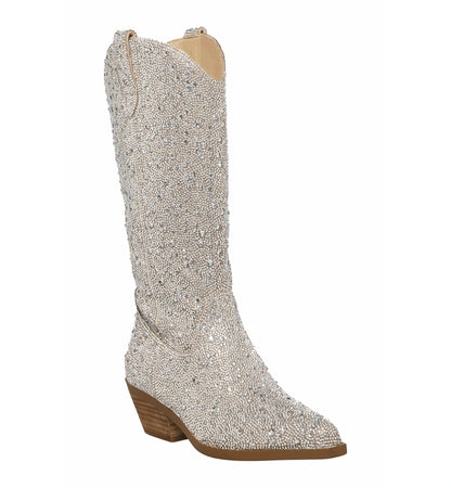 Silver beaded knee-high boot on a white background