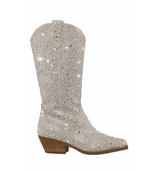 Silver studded cowboy boot on a white background