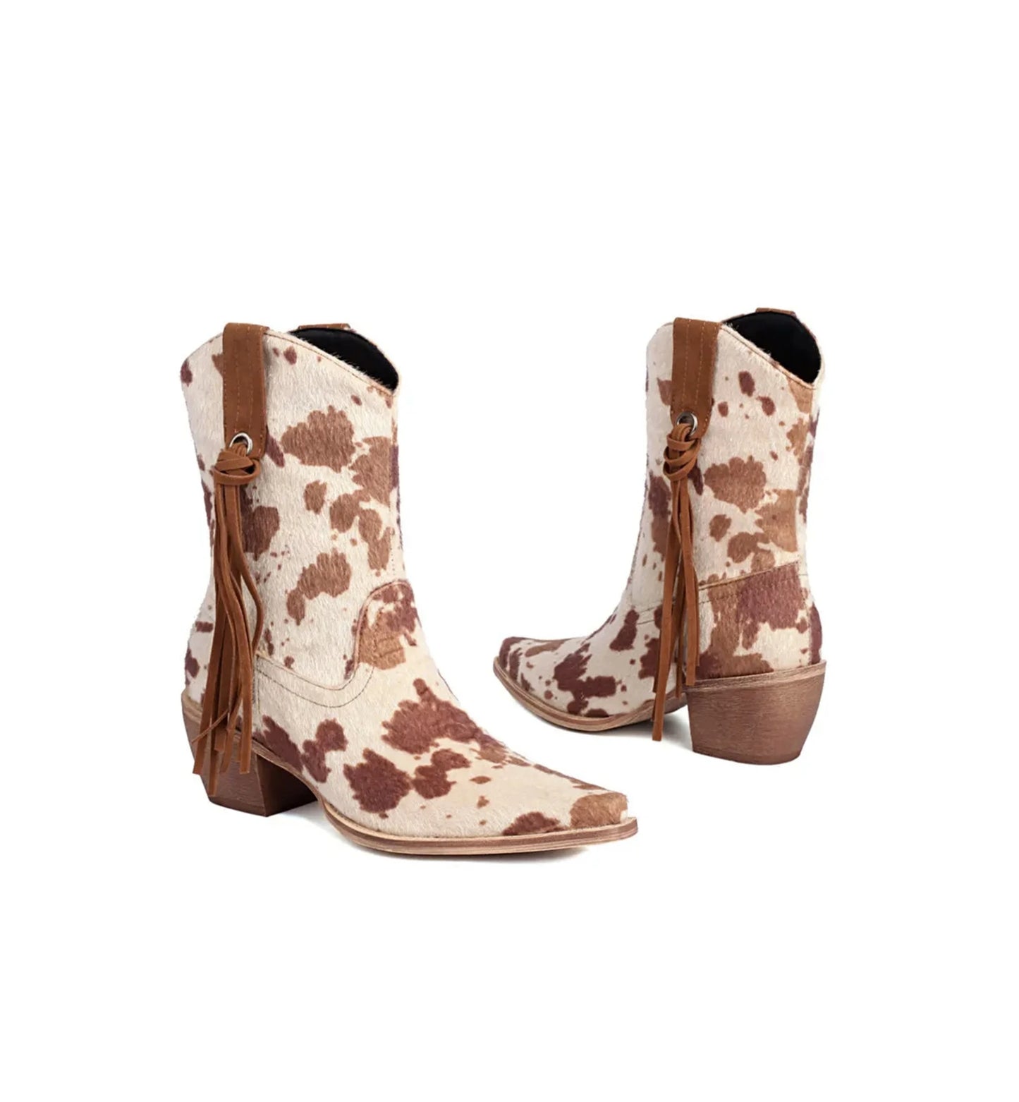 Cowboy boots with brown and white cow print pattern on a white background