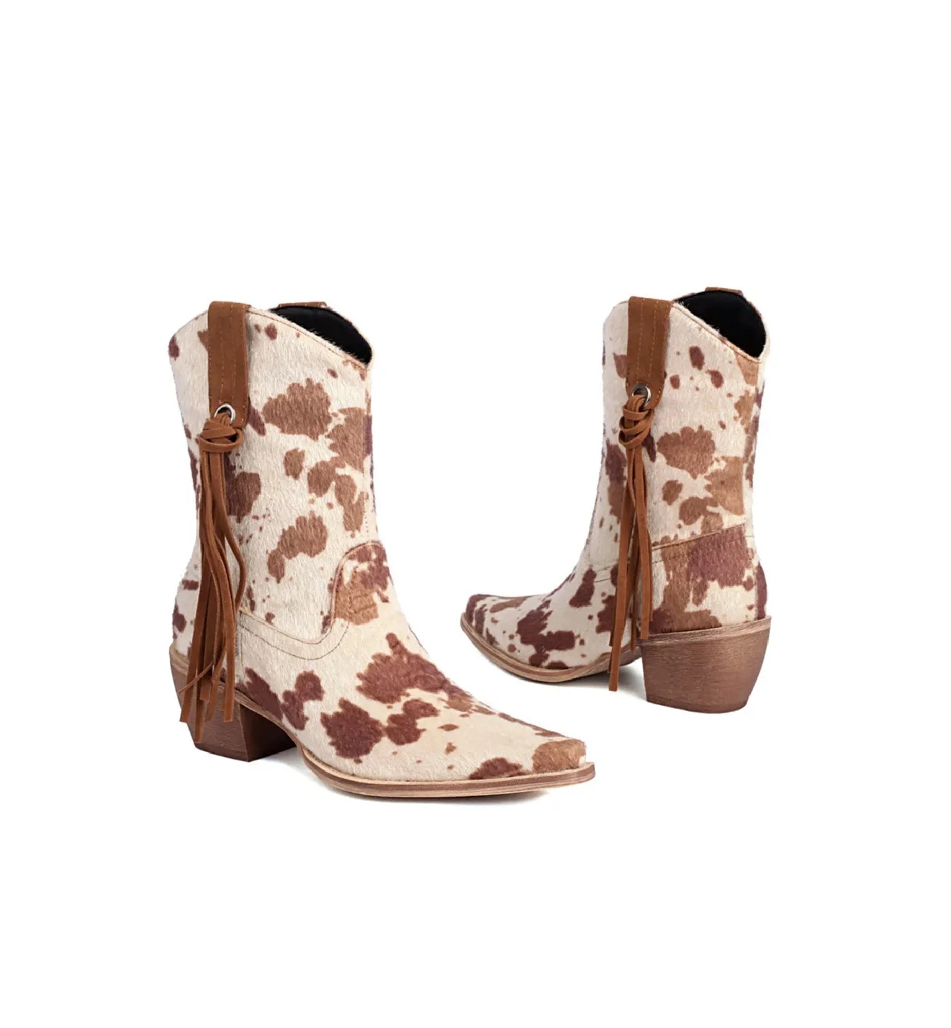 Cowboy boots with brown and white cow print pattern on a white background