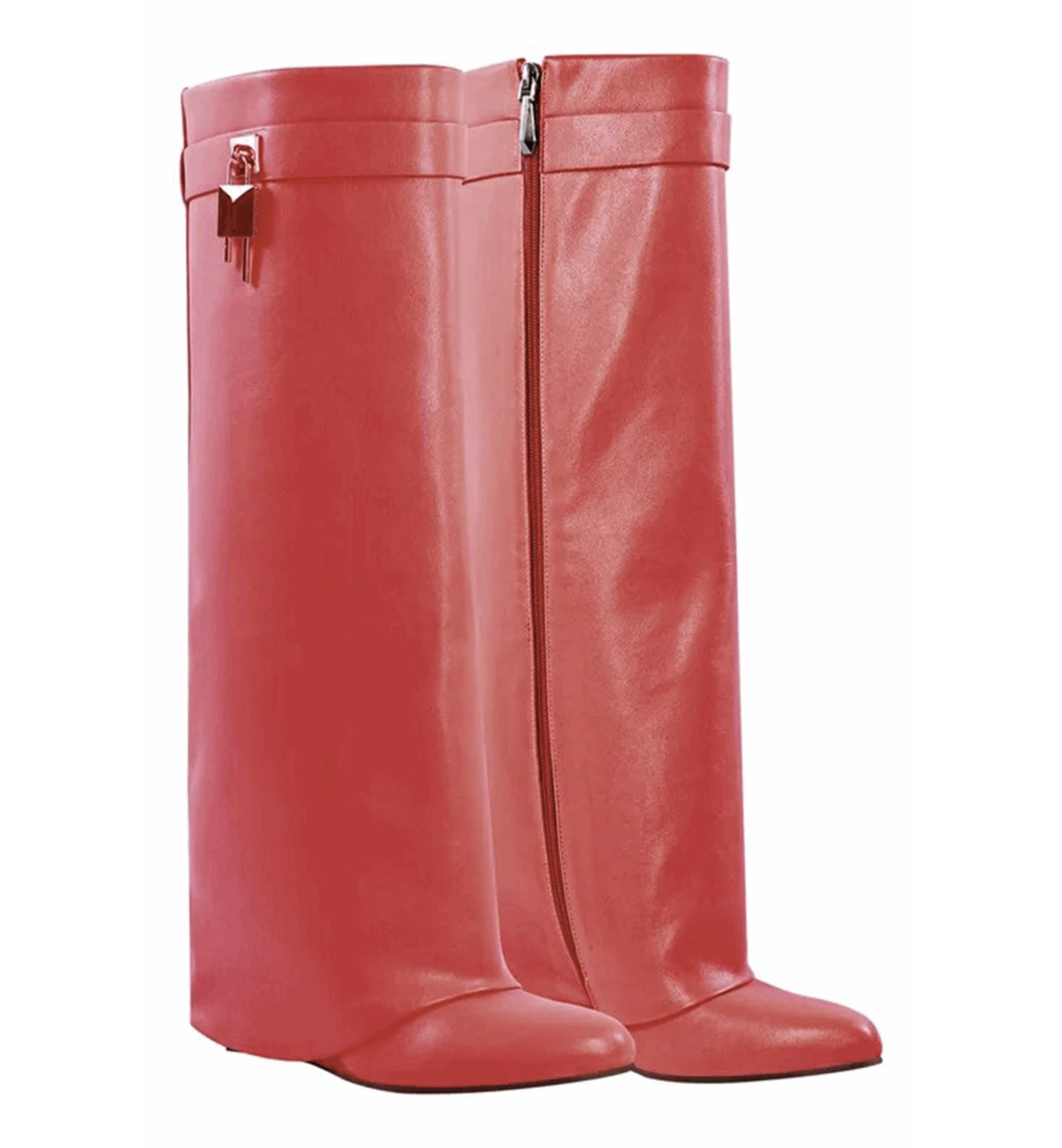 Foldover red boots with a gold lock on a white background