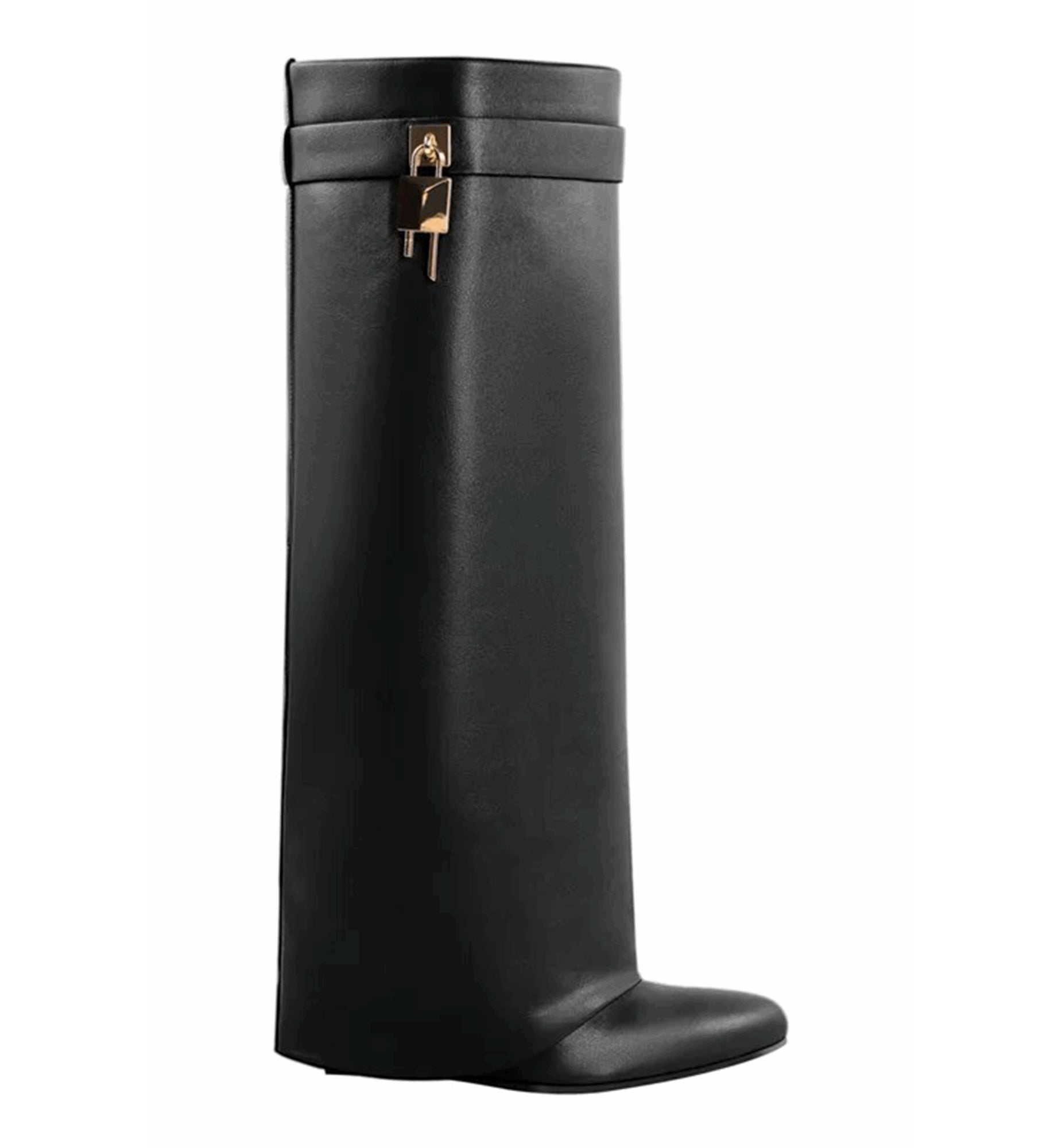 Black knee-high boot with a gold zipper on a white background