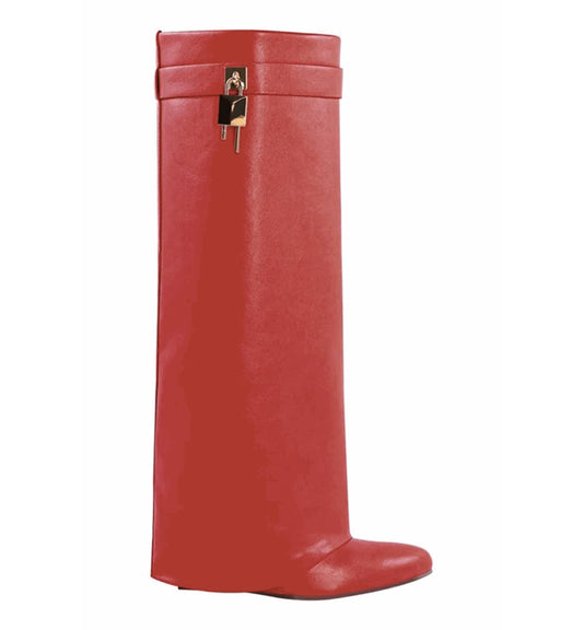 Red boots with a gold lock on a white background