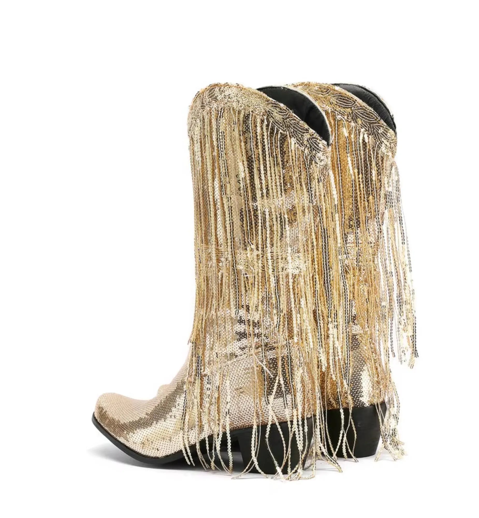 Decorative boot with gold fringe on a white background