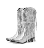Silver sequin boot with fringe on a white background