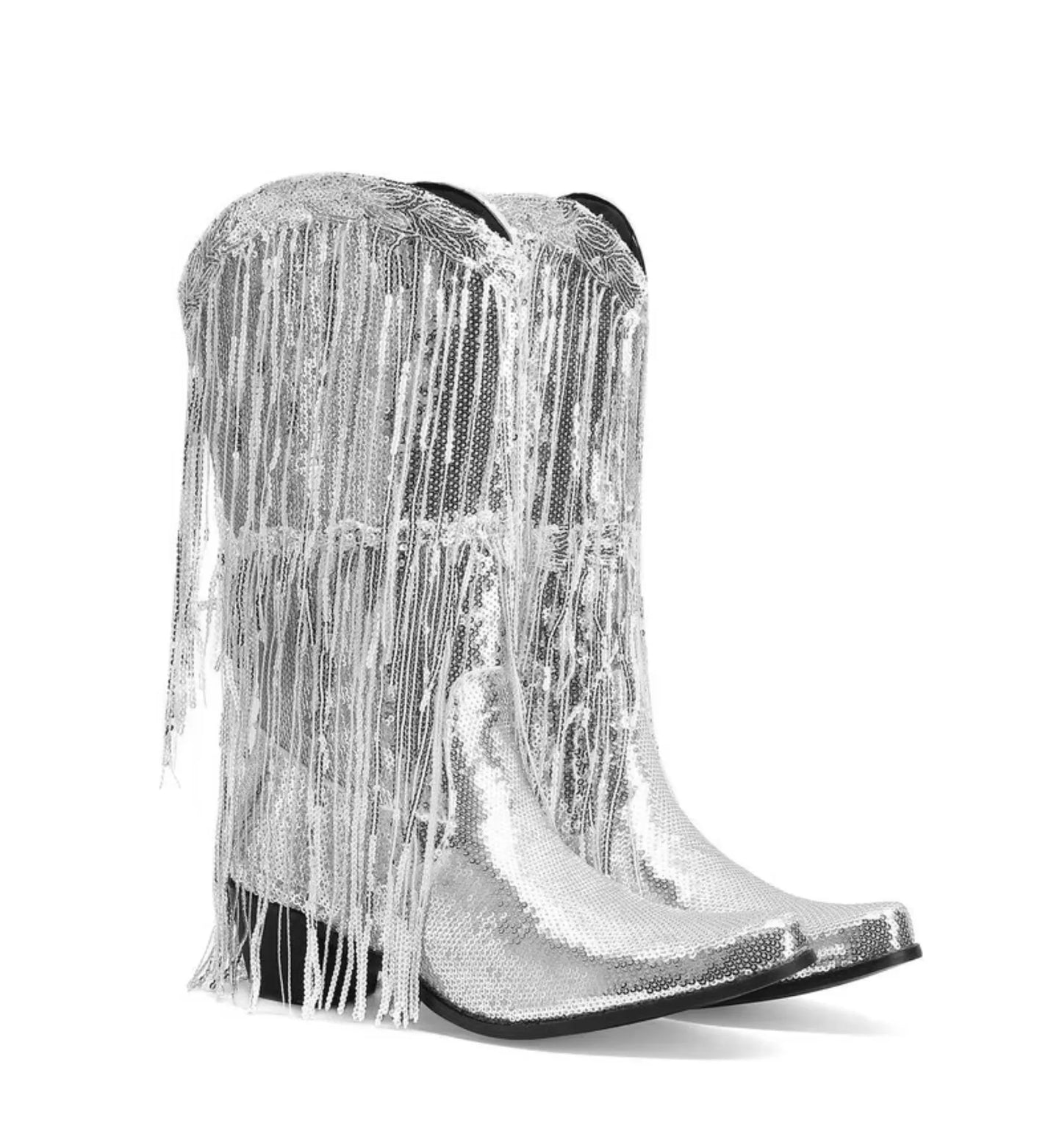 Silver sequin cowboy boot with fringe on a white background