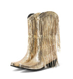 Gold sequin cowboy boot with fringes on a white background