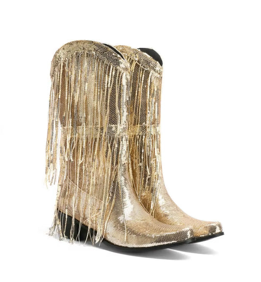 Gold sequin cowboy boot with fringes on a white background