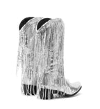Silver fringe boots on a white background
