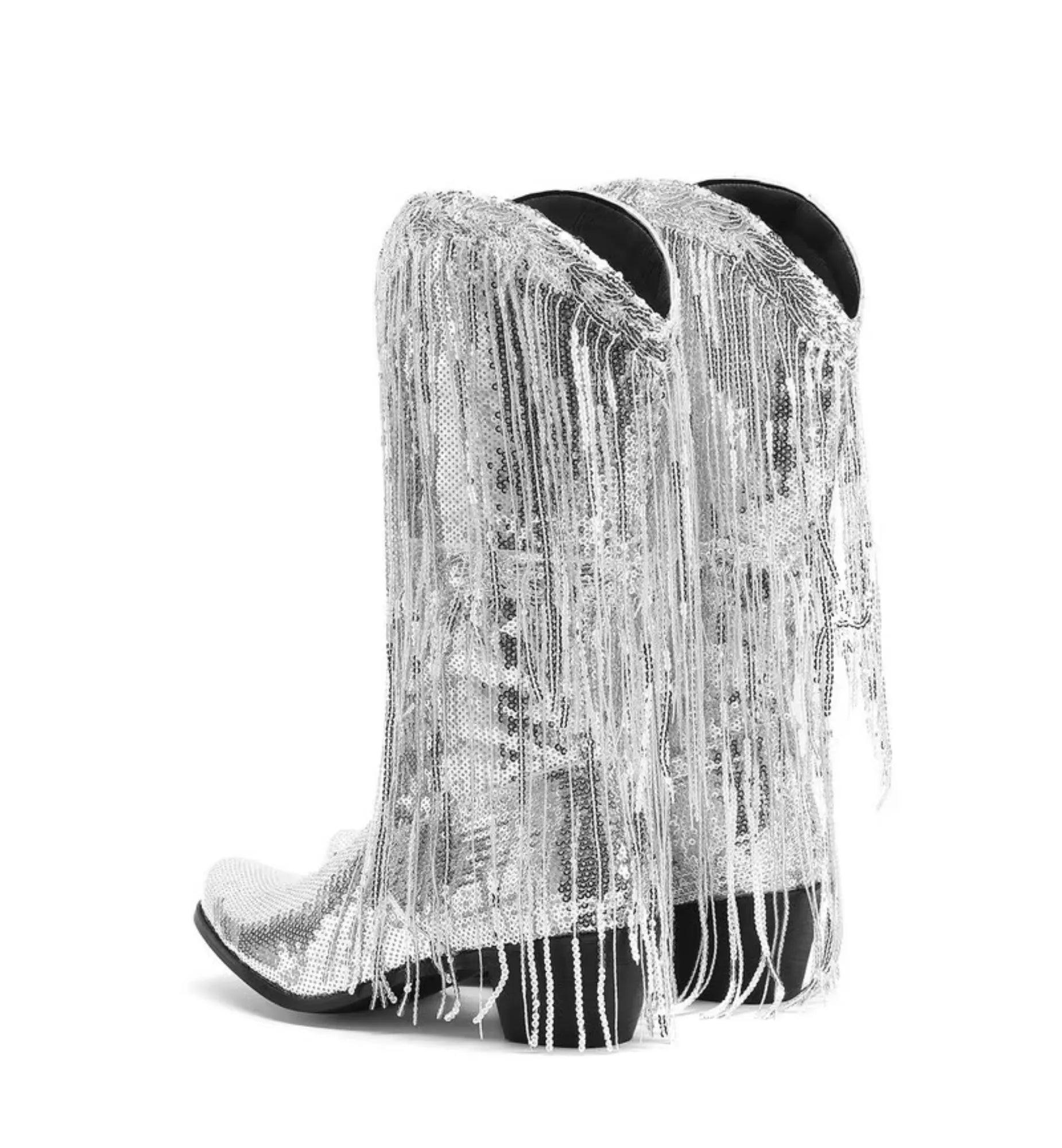 Black boots with silver fringe on a white background