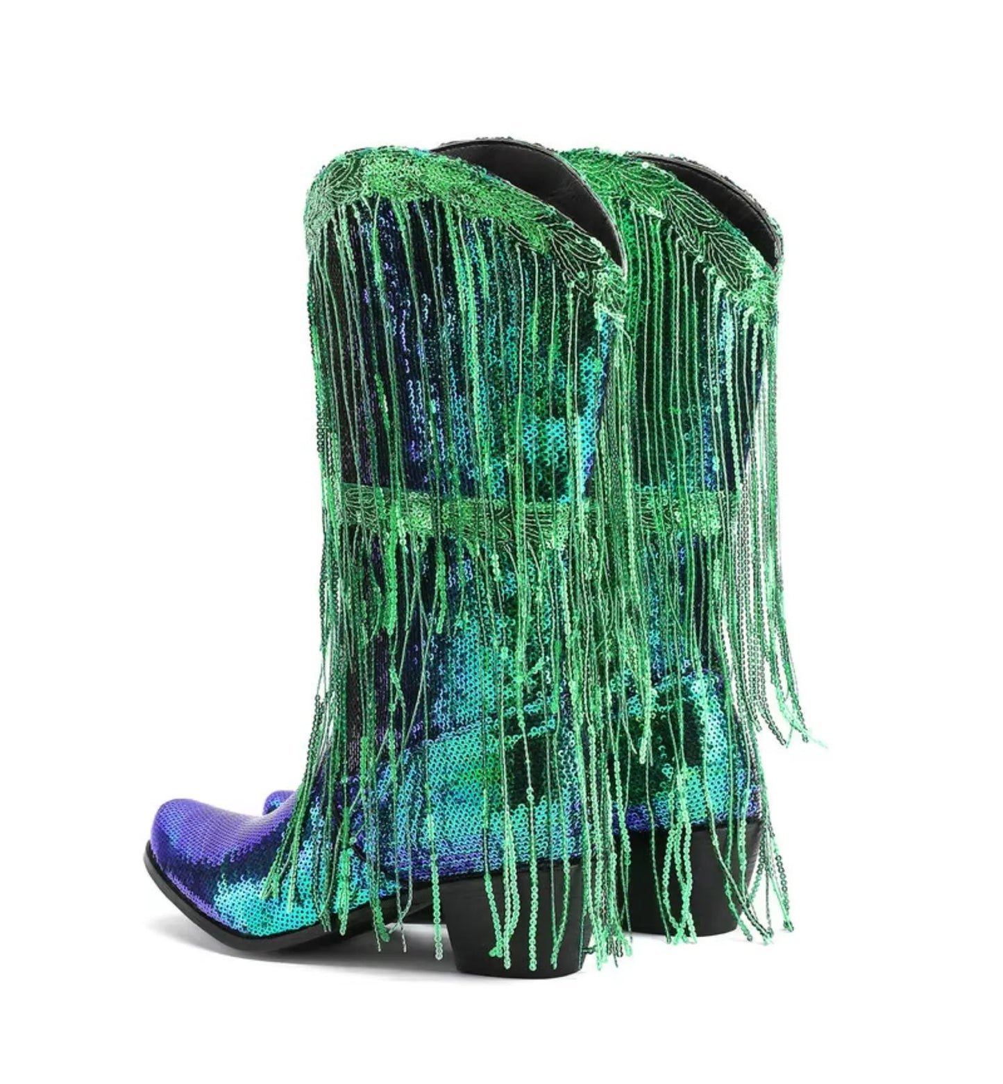 Colorful cowboy boots with green fringe on a white background