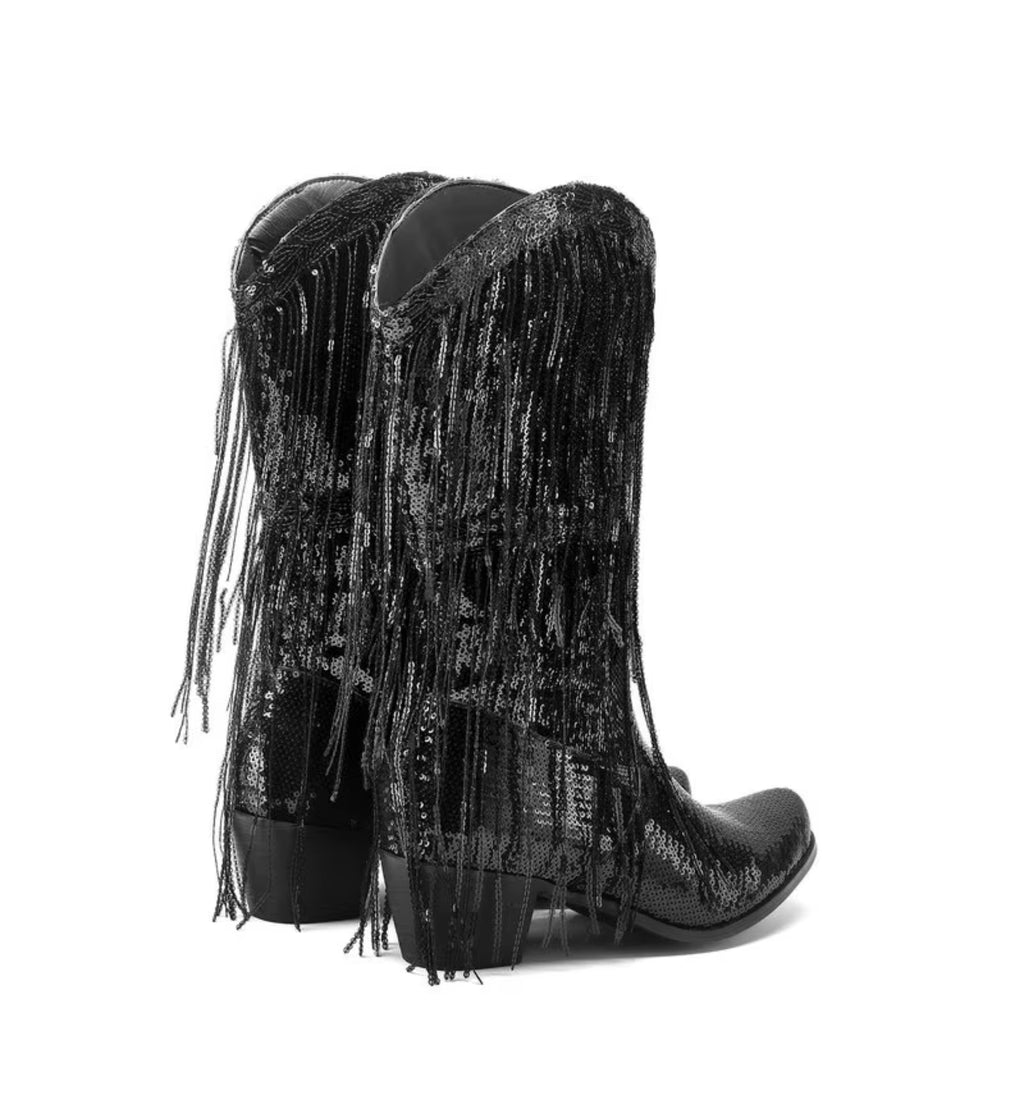 Black sequin boots with fringes on a white background
