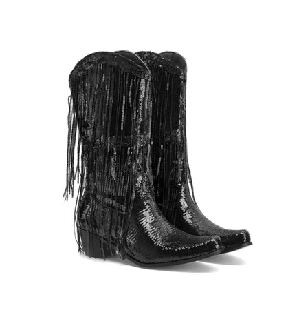 Black sequin cowboy boots with fringes on a white background