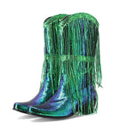 Green and blue sequin cowboy boots with fringes on a white background